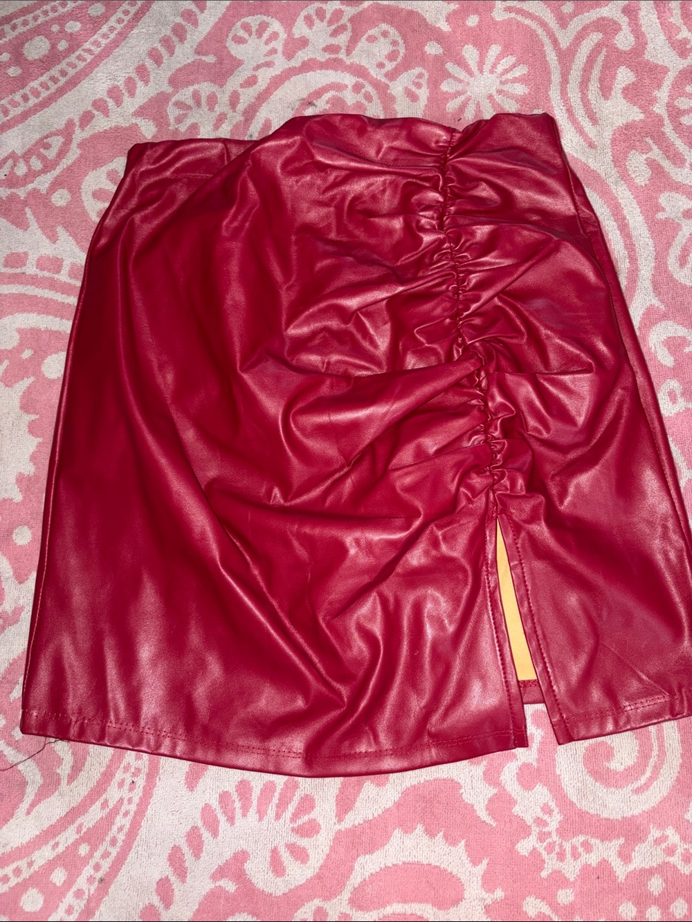 Red Faux Leather Ruched Side-Slit Mini Skirt
